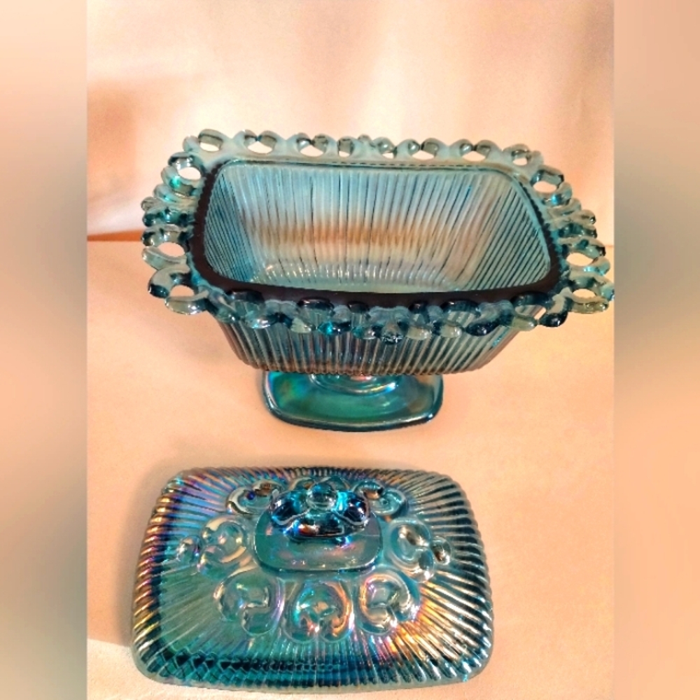Carnival Indiana Iridescent Blue Glass Candy Dish with Lid - Picture 3 of 12